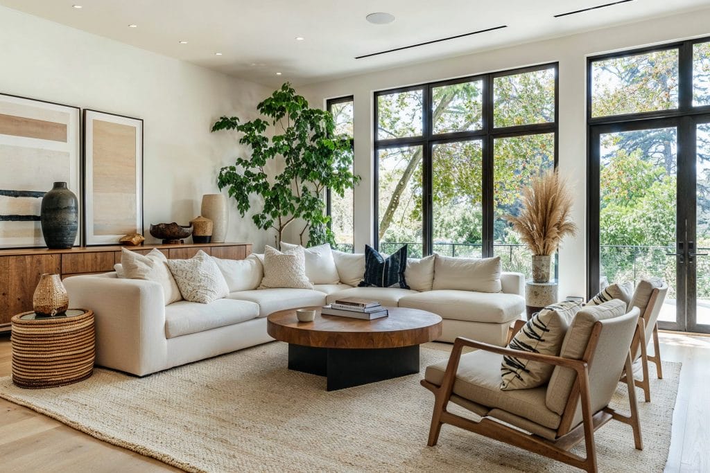 Earthy tones and wood create a cozy rustic living room by Decorilla 1 1024x683 1